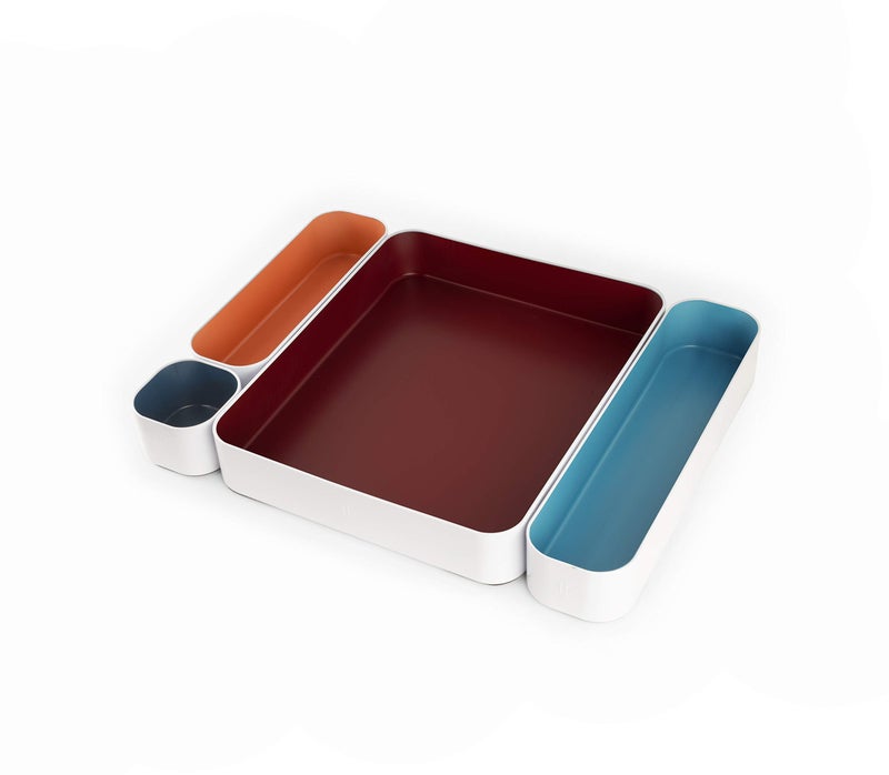 Three by Three Seattle 4 Piece Metal Organizer Tray Set for Storing Makeup, Stationary, Utensils, in Office Desk, Kitchen and Bathroom Drawers (2 Inch, Berry, Sunset, Blue, Stripes) - Image 1